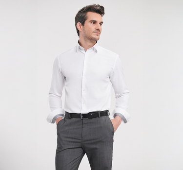 Russel Collection - Men´s L/S Tailored Contrast Herringbone Shirt - Skjorte Med Eget Logo