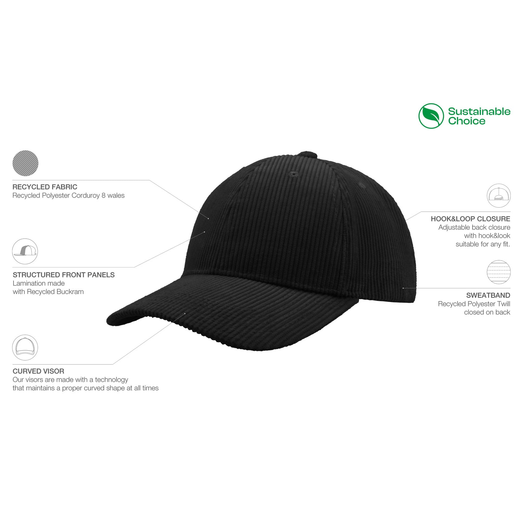 Atlantis Cordy Cap Recycled Adjustable Black Sort AT418