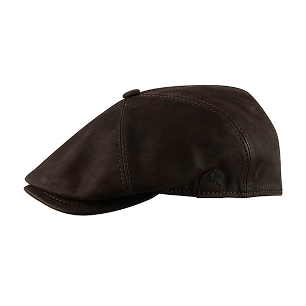 MJM Hats Rebel Nappa Wax Sixpence Flat Cap Brown Brun 01696043750